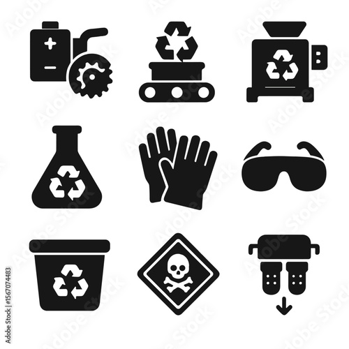 Recycling Process Icons. Solid, filled icon set of recycling process tools: battery cutter, conveyor belt, sorting machine,