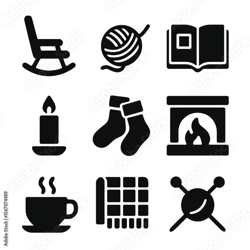Cozy Grandmother Icons. Solid, filled icon set of grandmother’s relaxation: rocking chair, knitting ball, open book, candle, warm