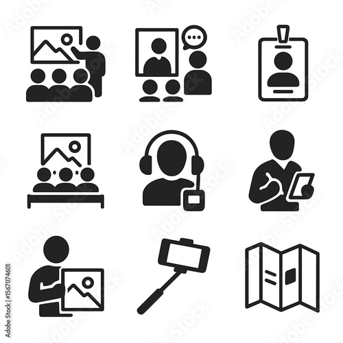 Gallery Experience Icons. Solid, filled icon set of gallery visitors and experience: guided tour, artist talk, visitor badge,
