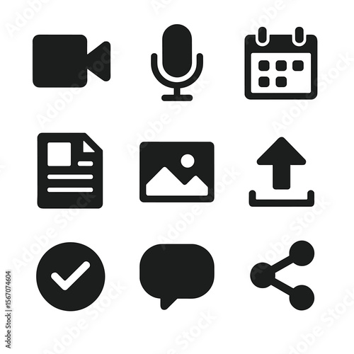 Content Creation Icons. Solid, filled icon set of content creation tools: video camera, audio mic, content calendar, blog post