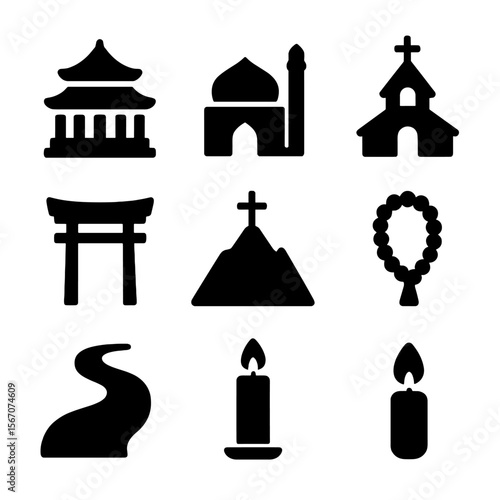 Religious Pilgrimage Icons. Solid, filled icon set of religious pilgrimage sites and spiritual journeys: temple, mosque, church,