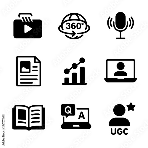 Content Format Icons. Solid, filled icon set of content formats in future digital marketing: interactive videos, 360-degree