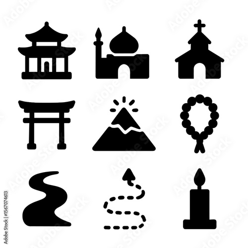 Religious Pilgrimage Icons. Solid, filled icon set of religious pilgrimage sites and spiritual journeys: temple, mosque, church,