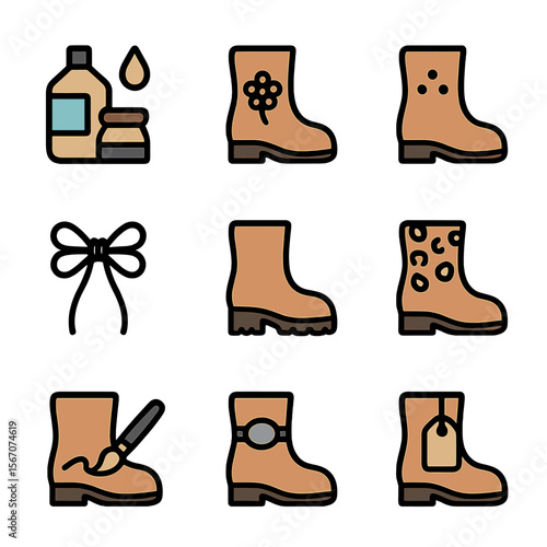 Boot Icon Customization. Flat icon set of boot customization options: color dye, embroidery motif, stud pattern, lace replacement,