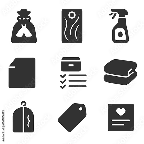 Long-Term Clothing Care Icons. Solid, filled icons set of long-term clothing care: anti-moth sachet, cedar