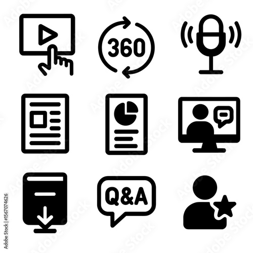Content Format Icons. Solid, filled icon set of content formats in future digital marketing: interactive videos, 360-degree