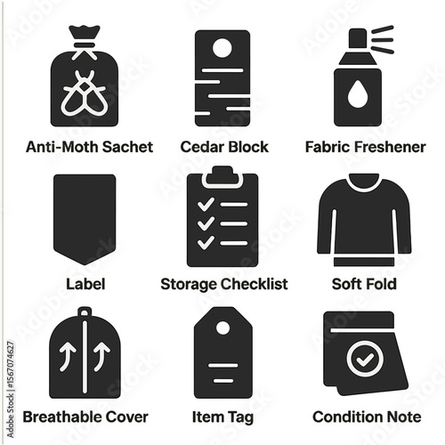 Long-Term Clothing Care Icons. Solid, filled icons set of long-term clothing care: anti-moth sachet, cedar