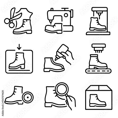 Boot Factory Icons. Outline icon set of boot factory processes: cutting, stitching, lasting, molding, gluing, outsole pressing,