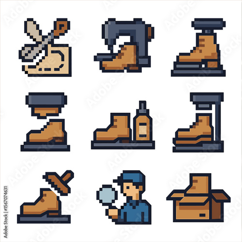Boot Factory Icons. Pixel art icon set of boot factory processes: cutting, stitching, lasting, molding, gluing, outsole pressing,