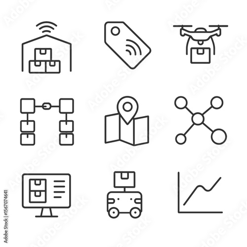 Supply Chain Icon Set. Outline icon set of supply chain 4.0 optimization: smart warehouse, RFID tag, autonomous delivery drone,