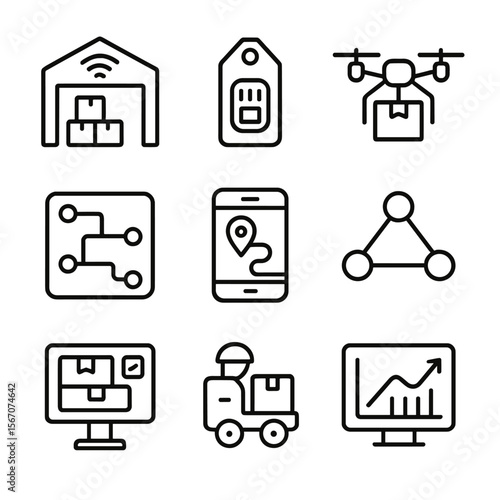 Supply Chain Icon Set. Outline icon set of supply chain 4.0 optimization: smart warehouse, RFID tag, autonomous delivery drone,