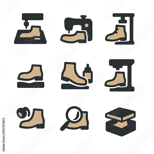 Boot Factory Icon Set. Flat icon set of boot factory processes: cutting, stitching, lasting, molding, gluing, outsole pressing,