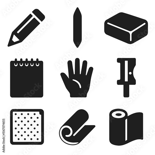 Traditional Drawing Tools Icons. Solid, filled icons set of traditional drawing tools: graphite pencil,