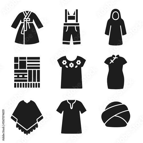 Traditional Garments Icons. Solid, filled icons set of traditional garments around the world: hanbok,