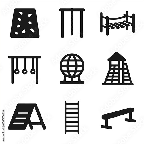 Climbing Structures Icons. Solid, filled icons set of climbing structures and obstacles: rock wall, rope climb