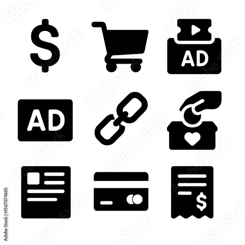 Content Monetization Icons. Solid, filled icon set of content monetization: dollar sign, shopping cart, subscription, ad banner,