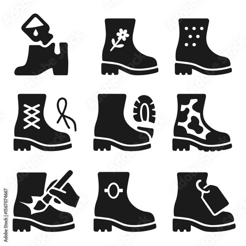 Boot Customization Icons. Solid, Filled icon set of boot customization options: color dye, embroidery motif, stud pattern, lace