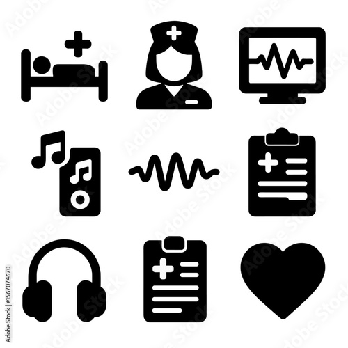 Clinical Music Icons. Solid, filled icons set of music in clinical settings: hospital bed, nurse icon, patient