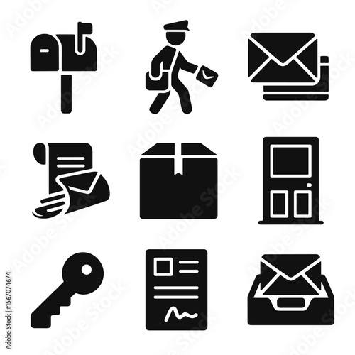 Mail Delivery Icons. Solid, filled icons set of bringing in the mail: mailbox, mail carrier, envelope stack,