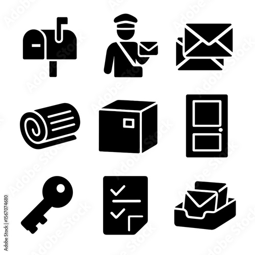 Mail Delivery Icons. Solid, filled icons set of bringing in the mail: mailbox, mail carrier, envelope stack,