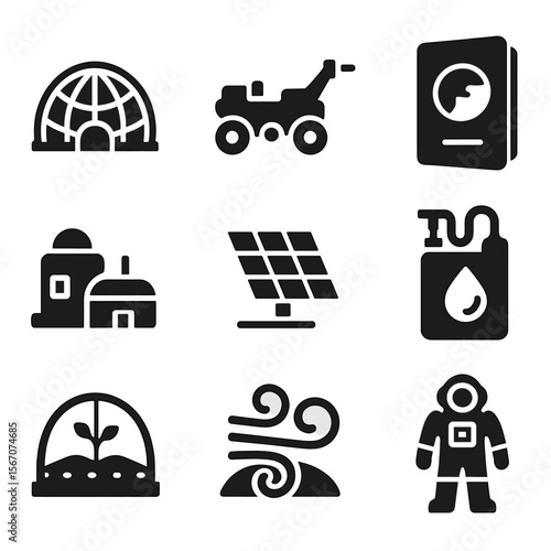 Mars Colonization Icons. Solid, filled icons set of Mars colonization tours: Mars habitat dome, red soil rover