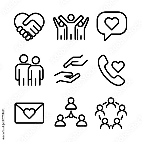 Support Icons Grid. Outline icon set of supportive connections: handshake over heart, group silhouette with uplifted arms, speech