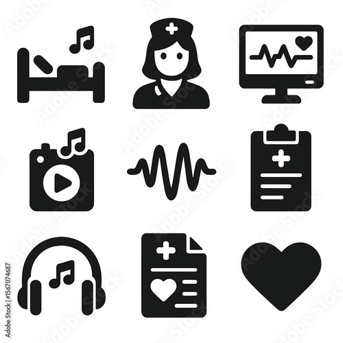 Clinical Music Icons. Solid, filled icons set of music in clinical settings: hospital bed, nurse icon, patient