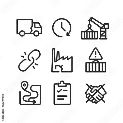 Supply Chain Disruption Icons. Outline icon set of supply chain disruption: broken cargo truck, delayed shipment clock, halted