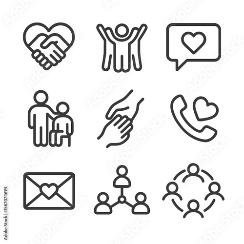 Support Icons Grid. Outline icon set of supportive connections: handshake over heart, group silhouette with uplifted arms, speech