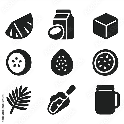 Tropical Smoothie Ingredients. Solid, filled icons set of tropical smoothie ingredients: pineapple chunk,