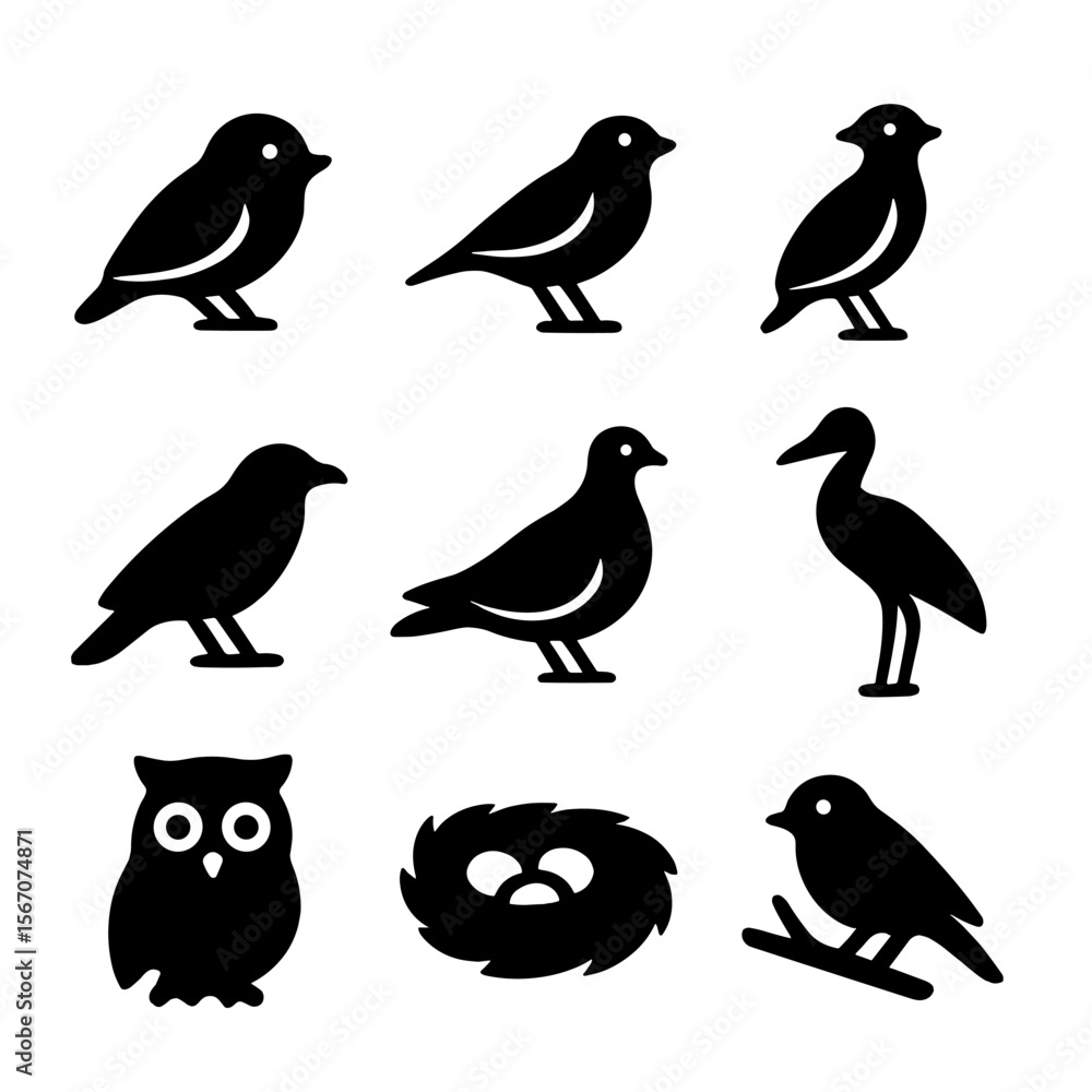 Obraz premium Early Morning Birds. Solid, filled icon set of early morning birdlife: sparrow, finch, lark, crow, dove, crane, owl in silhouette,