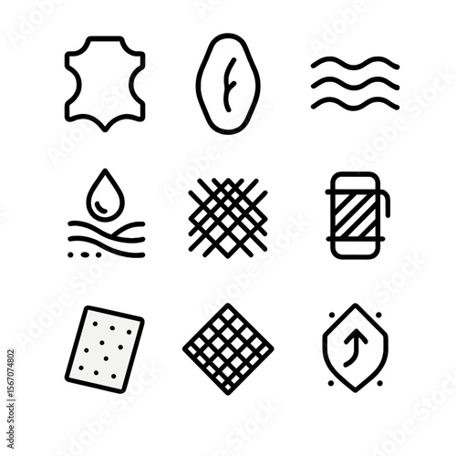 Boot Material Icons. Outline icon set of boot materials: leather, suede, rubber, neoprene, synthetic fabric, canvas, mesh,
