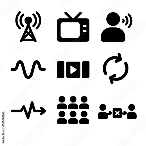 Mass Communication Icons. Solid, filled icons set of mass communication theory: broadcast tower, media