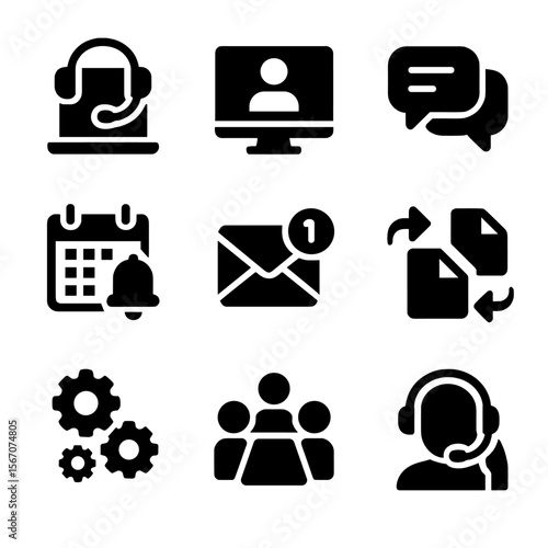 Remote Work Icons. Solid, filled icon set of remote work communication: laptop with headset, video call screen, chat bubbles,