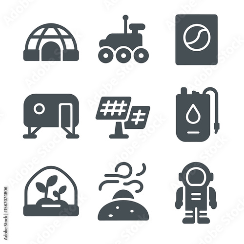 Mars Colonization Icons. Solid, filled icons set of Mars colonization tours: Mars habitat dome, red soil rover