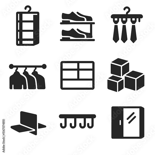 Closet Organization Icons. Solid, filled icons set of closet optimization tools: hanging shelves, shoe rack,