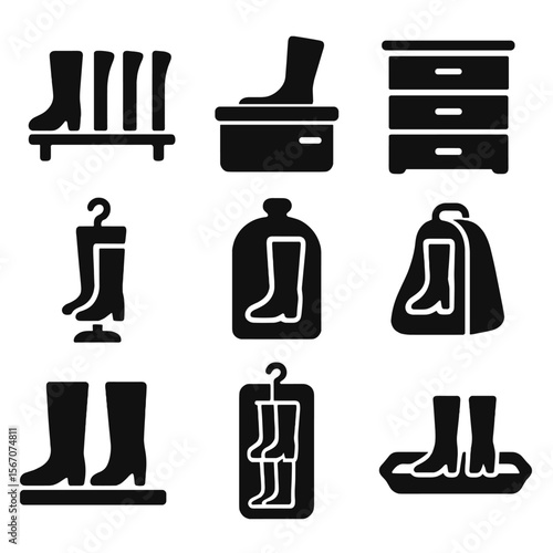 Boot Storage Icons. Solid, Filled icon set of boot storage solutions: boot rack, storage box, shoe cabinet, boot tree, dust bag,