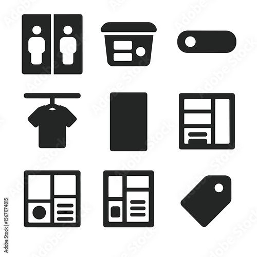 Closet Organization Icons. Solid, filled icons set of closet zoning for two users: split closet icon,