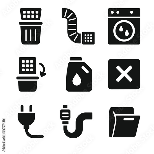 Dryer Maintenance Icons. Solid, filled icon set of dryer maintenance: lint trap cleaning, vent pipe, drum cleaning, filter