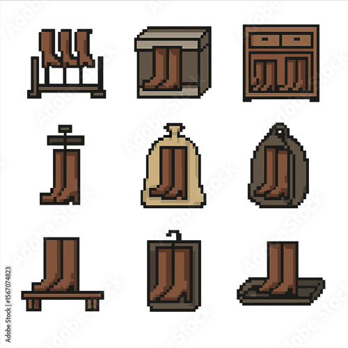 Boot Storage Icons. Pixel art icon set of boot storage solutions: boot rack, storage box, shoe cabinet, boot tree, dust bag, boot