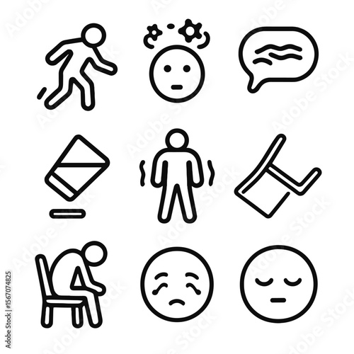Drunken Behavior Icons. Solid, filled icon set of drunken behavior: stumbling person, dizzy stars, spilled drink, slurred speech