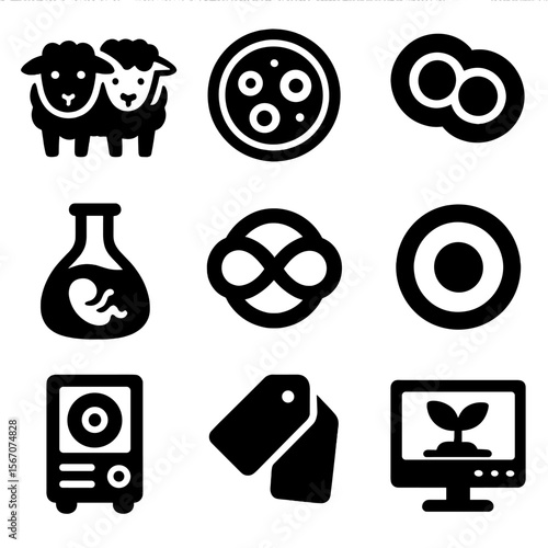 Cloning Icon Set. Solid, filled icons set of cloning and replication: cloned sheep, petri icon, duplicated