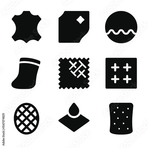 Boot Material Icons. Solid, Filled icon set of boot materials: leather, suede, rubber, neoprene, synthetic fabric, canvas, mesh,