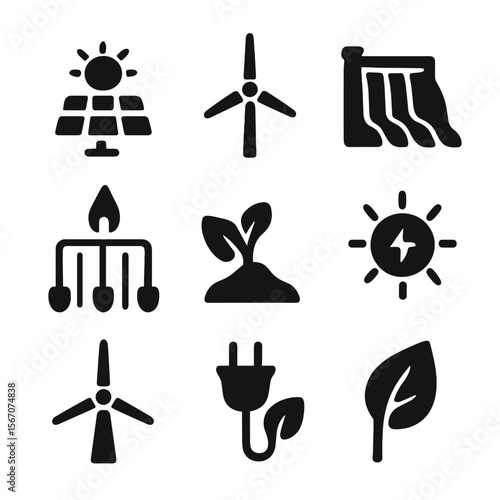 Renewable Energy Icons. Solid, filled icon set of renewable energy: solar panel, wind turbine, hydro dam, geothermal pipe, biomass