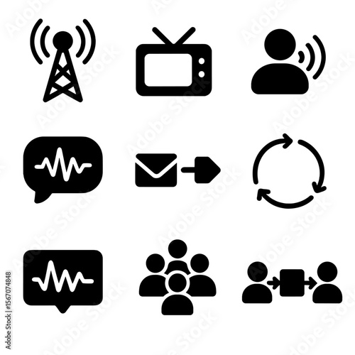 Mass Communication Icons. Solid, filled icons set of mass communication theory: broadcast tower, media