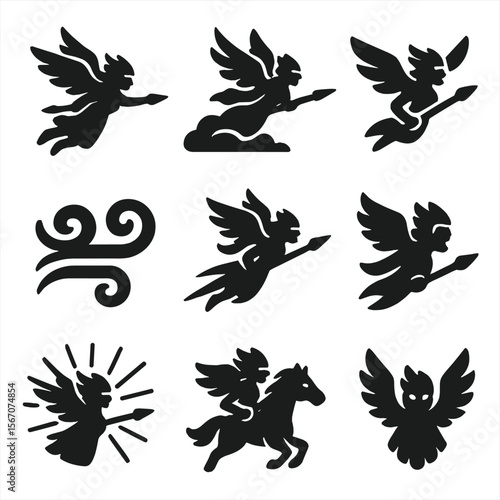 Valkyrie Icons in Flight. Solid, filled icons set of valkyries in flight: flying silhouette, cloud streak,