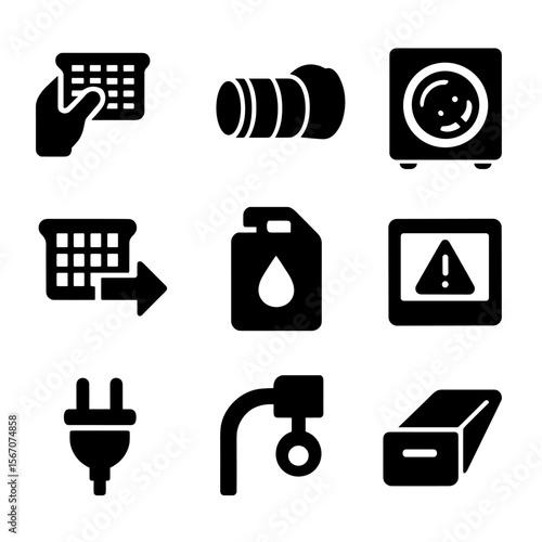 Dryer Maintenance Icons. Solid, filled icon set of dryer maintenance: lint trap cleaning, vent pipe, drum cleaning, filter