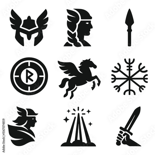Valkyrie Icon Grid. Solid, filled icons set of valkyries: winged helmet, braided warrior, battle spear, shield