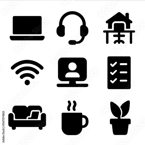 Remote Work Icons. Solid, filled icon set of remote work scenes: laptop screen, headset mic, home desk, video call, Wi-Fi signal,