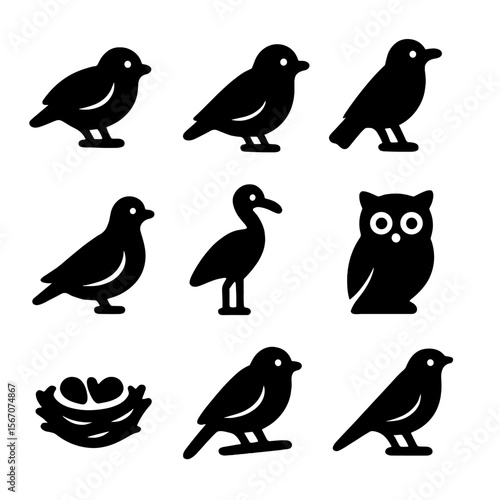 Early Morning Birds. Solid, filled icon set of early morning birdlife: sparrow, finch, lark, crow, dove, crane, owl in silhouette,